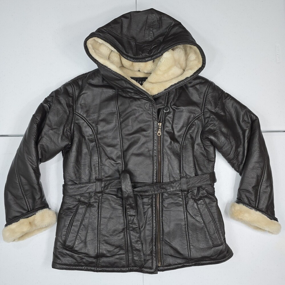 Vintage WILSONS LEATHER Genevieve Women XL Belted Hooded Faux Shearling Jacket